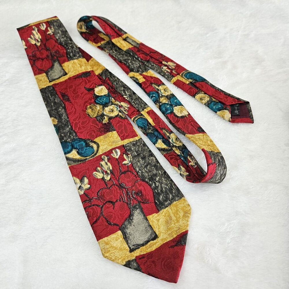 Ermenegildo Zegna 100% Silk Tie Floral Bouquet Red Yellow Abstract Italy